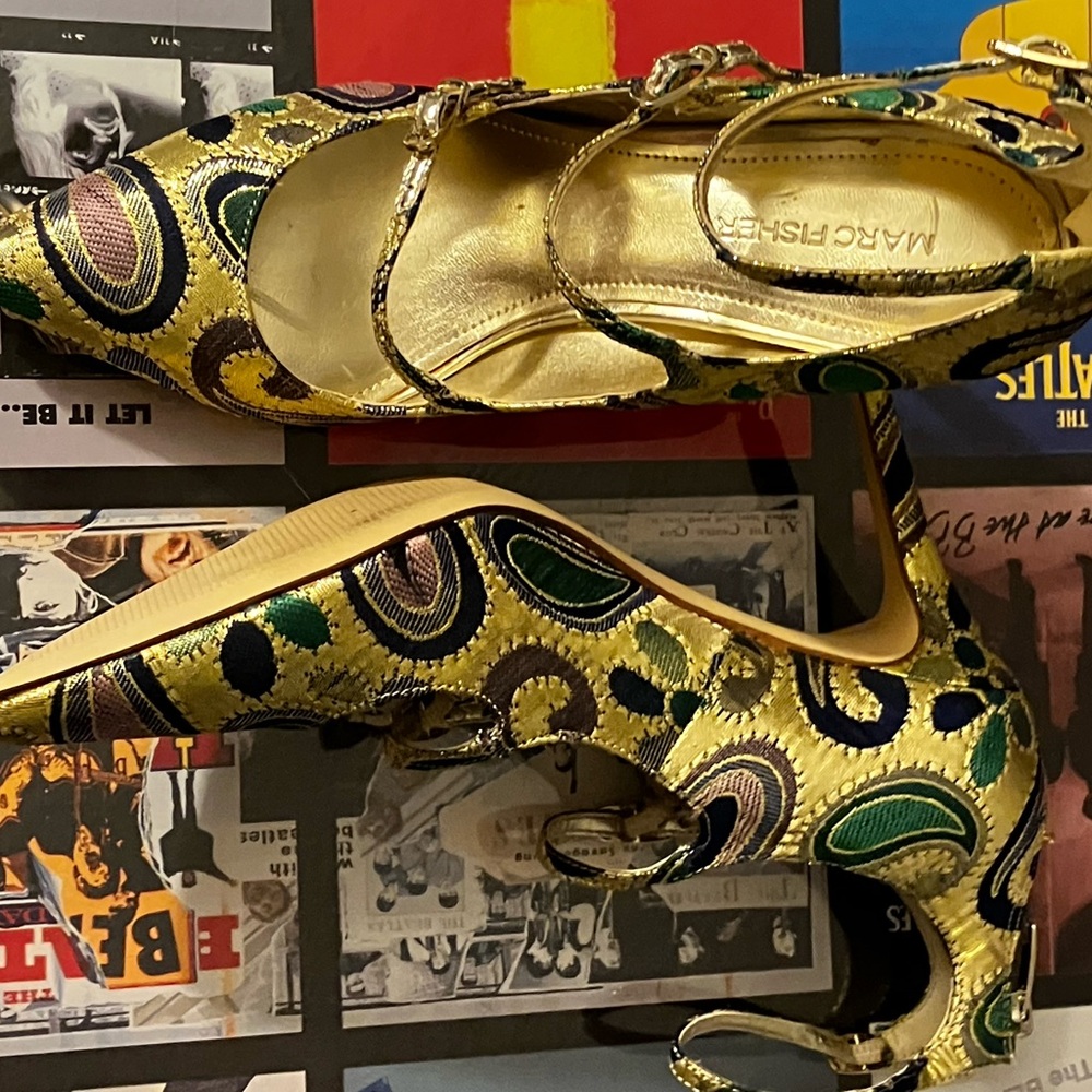 Marc Fisher Gold Multicolor Brocade Pointed-Toe Mary Jane Heels - Picture 7 of 9